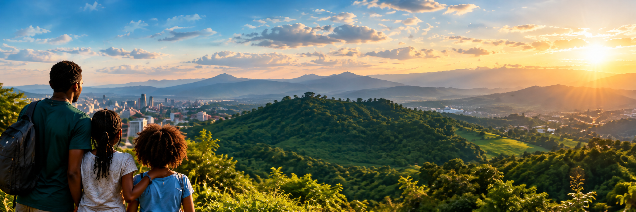 A family looks out over a hillside at a city skyline and mountains at sunset