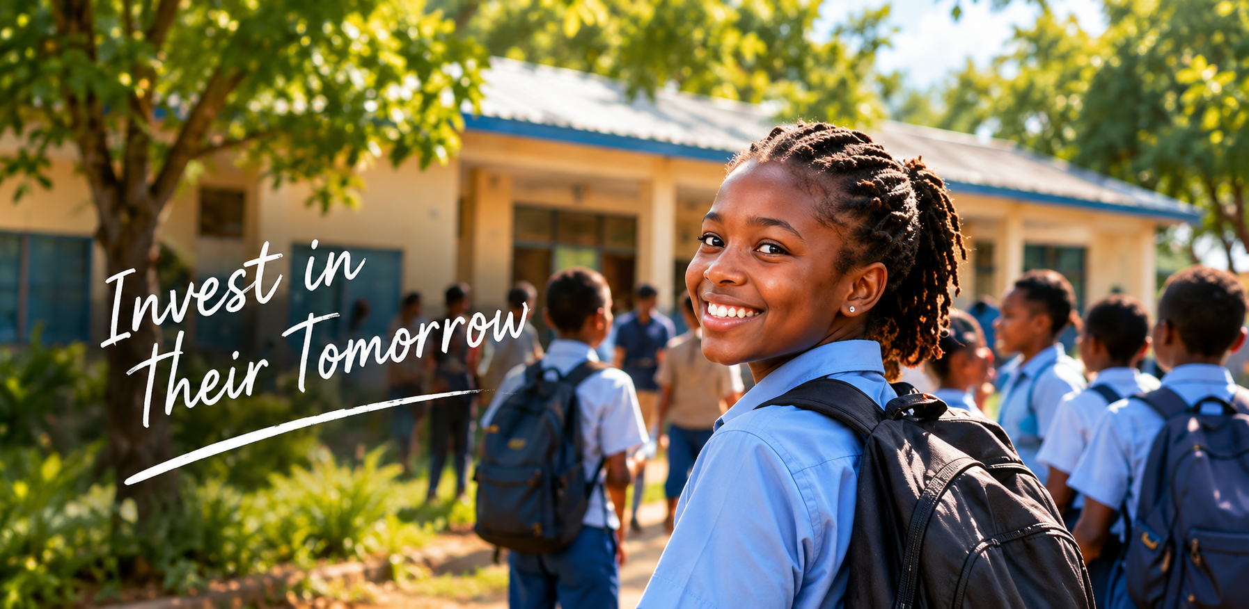 A smiling student in a school uniform and backpack looks back at the camera, with classmates and a schoolhouse behind her, captioned 'Invest in Their Tomorrow'