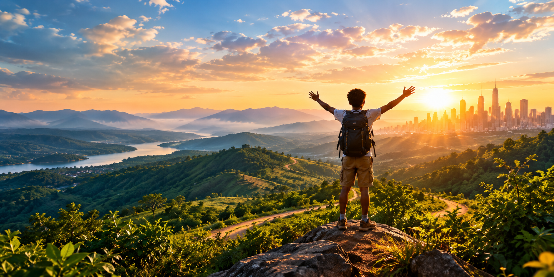 A person stands on a rocky overlook at sunrise with arms raised toward the light, mountains and a distant city stretching out below