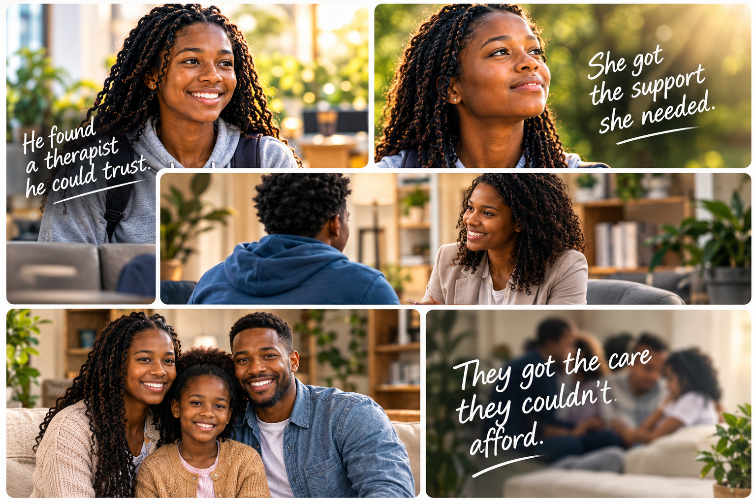 A collage of five photos of smiling young people and families, with handwritten captions reading 'He found a therapist he could trust,' 'She got the support she needed,' and 'They got the care they couldn't afford.'
