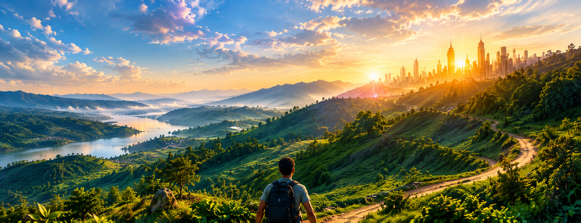A sweeping sunrise landscape of green hills, a winding road, a river, and mountains leading toward a distant futuristic city skyline