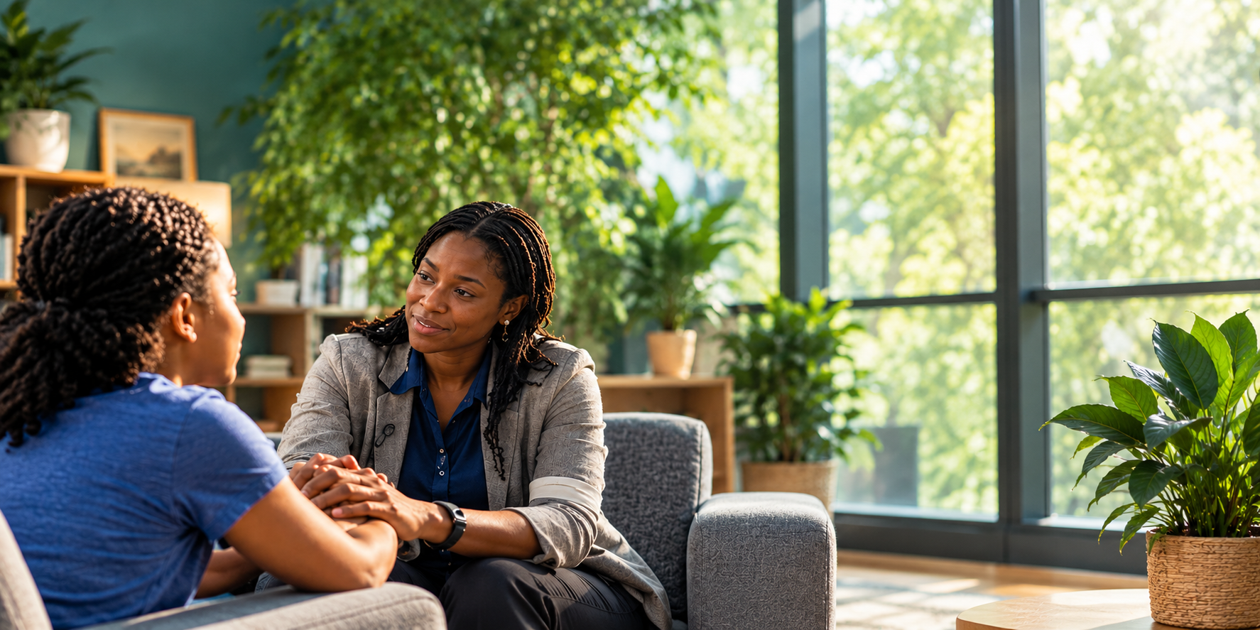 A counselor in a sunlit, plant-filled office leans in warmly as she talks with a client
