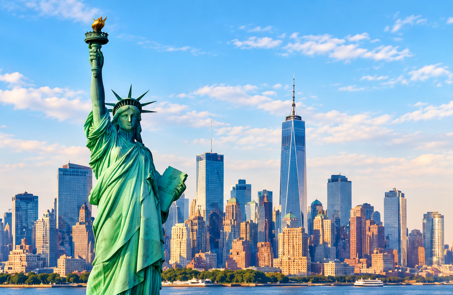 The Statue of Liberty stands before the Manhattan skyline
