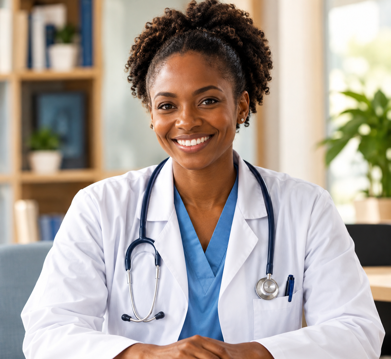 A smiling doctor in a white coat with a stethoscope