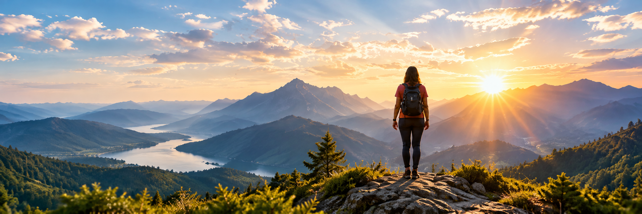 A woman with a backpack stands on a mountain overlook at sunrise, gazing out over a river valley